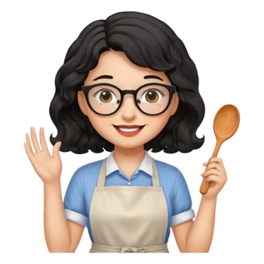 girl with apron, black wavy hair, wearing glasses, a little blush on her cheek sticker