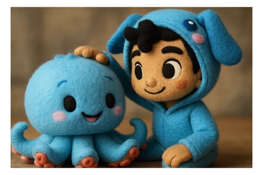 Combine the cute blue plush octopus and the human character in a blue animal onesie. Show the human gently petting the octopus, both looking happy and friendly, in a soft, playful plush portrait style. sticker