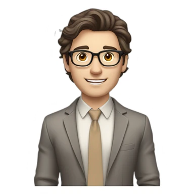 Pale skinned fit man with dark brown hair in gray jacket, beige office shirt, brown tie, brown pants and vintage glasses Writing on the flipchart sticker