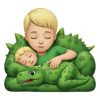 Blond boy sleeping wearing green dinosaur t-shirt sticker