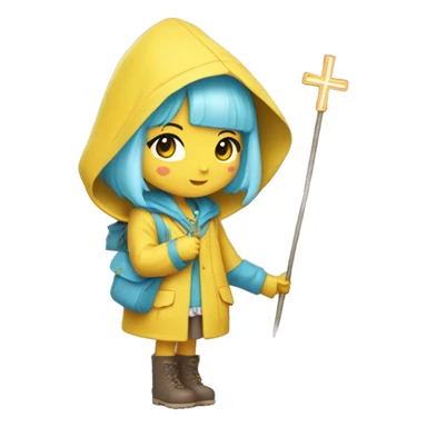 Cute little girl with light blue hair with peach skin, with yellow raincoat hooded with boots holding a staff, with a cross necklace, Sanrio design sticker