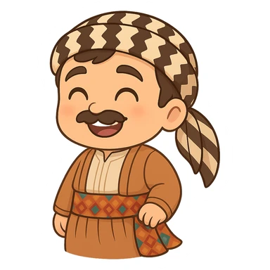 Create a chibi Kurdish cartoon sticker based on the reference image, showing a happy (smiling/laughing) expression, with a transparent background. sticker