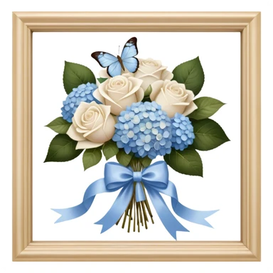 An antique wooden windowsill adorned with an elegant arrangement of white roses and soft blue hydrangeas. A silk bow in muted beige is loosely tied around the bouquet, while a translucent butterfly with pearlescent wings delicately lands on the petals. sticker