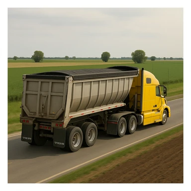 Transform the truck into a realistic yellow Volvo sleeper semi truck driving away with a large end dump trailer through farmland. Focus on realistic details and natural environment. sticker