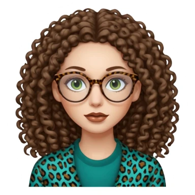 a blue green eyed woman with very very long brunette curly hair, full lips,and pale skin. She is wearing a leopard printed thin round-ish glasses . She is wearing brown clothes. sticker