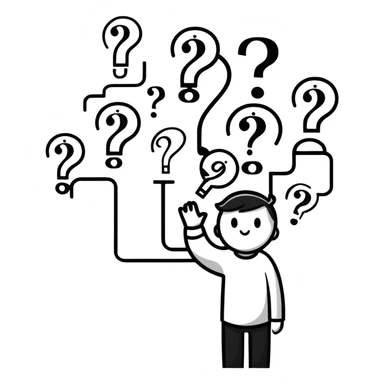 thoughtful person looking up with question marks sticker