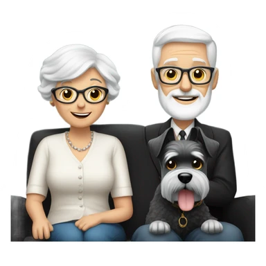 A grandma and grandpa sitting on a black couch with there one schnauzer that is black and white colored sticker