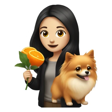 pale girl with long black hair walking with orange pomeranian sticker