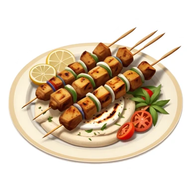 cinematic-realistic-souvlaki-dish-emoji,-showcasing-skewered,-grilled-chicken-with-mediterranean-spices-rendered-with-dynamic-textures-and-warm,-appetizing-lighting on pita bread on a plate sticker