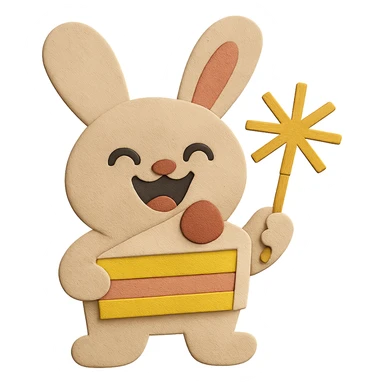 Improve the overall visual appearance of the bunny to be well-shaped, balanced, and even more appealing. Make sure the design matches the laugh face and keeps the paper-craft style, cake slice, and sparkler. sticker