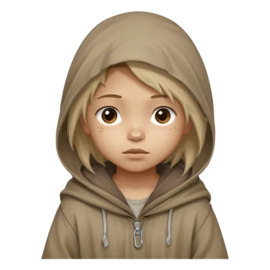 Young beggar little girl character, chest-up portrait, wearing worn and oversized clothes, hair is visible, neutral earth-tone fabric, slightly messy hair peeking from under a hood, tired but gentle eyes, subtle dirt marks on face, sticker