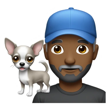 Handsome blue eyed man, with grey hair,  and grey goatee beard, wearing ball cap, holding ‘a black long hair chihuahua’ sticker