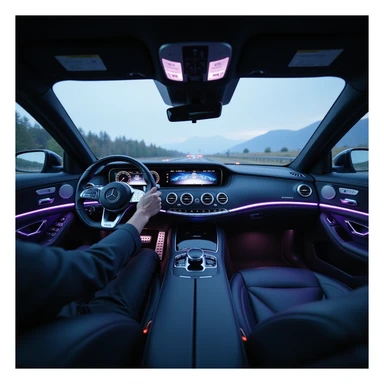 Ultra-realistic POV from driver's seat of a 2025 Mercedes-Benz S-Class. Luxury interior, ambient blue/purple lighting, futuristic dashboard, glowing infotainment, realistic hand on Mercedes steering wheel. Trim reflections, dynamic shadows, blurred windshield. Cinematic, 8K hyperrealism. sticker