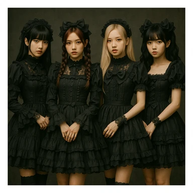 Blackpink in lolita goth style, frilly dresses, lace, cute but dark sticker