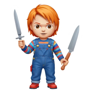 Chucky doll emoji holding a small knife, orange hair, blue overalls, apple style emoji sticker