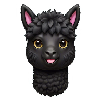 Cinematic Cute Black Alpaca Portrait Emoji, Head tilted playfully and inquisitively, featuring a plush, shiny jet-black fleece with a lustrous sheen, round, sparkling dark eyes filled with curiosity, Simplified yet irresistibly adorable features, highly detailed, glowing with a warm, friendly glow, high shine, affectionate and gentle, stylized with a touch of whimsy, bright and endearing, soft glowing outline, capturing the essence of a mischievous yet loving alpaca, so playful it feels like it could prance out of the screen and into your arms! sticker