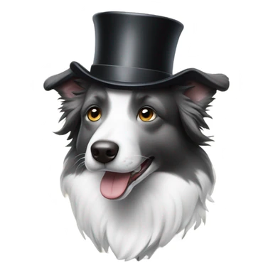 Grey and white border collie wearing a top hat and a monocle sticker