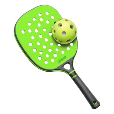Modern Pickleball paddle graphite without holes, dark grey. 1 Pickleball ball beside or on top the paddle florescent green at 45 degrees sticker