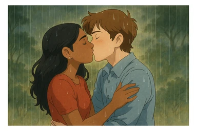 Joel and Madhu kissing in the rain, affectionate, romantic, Ghibli style with magical atmosphere and soft lighting, capturing the emotional connection and gentle rain ambiance. sticker