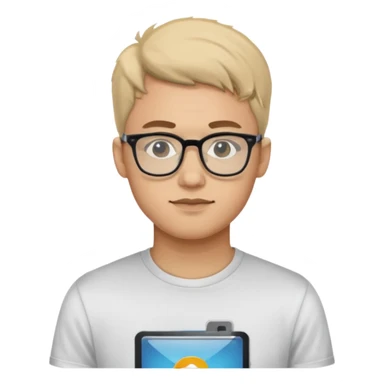 a man in his early 20s wearing glasses for a tech company sticker