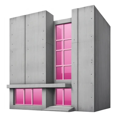 Minimalist brutalist building made of gray concrete with a pink window that stands out sticker