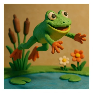 frog leaping above a pond with cattails and flowers, playful and colorful, claymation style sticker
