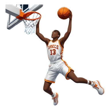 An icon showing a close-up of a basketball player in mid-air, performing an impressive dunk, inspired by NBA 2K25. The player is focused, with the ball in hand and the court in the background. Bright lights emphasize the action and excitement. Transparent background. sticker