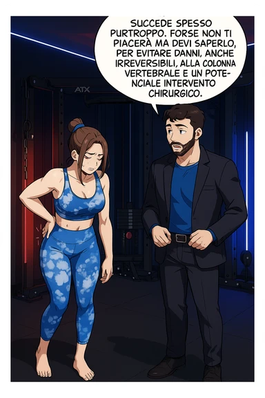 fai questa immagine in versione manga/webtoon a colori, il manga mostra l'uomo che risponde alla donne:
Succede spesso purtroppo. 
Forse non ti piacerà ma devi saperlo, per evitare danni, anche irreversibili, alla colonna vertebrale e un potenziale intervento chirurgico. sticker
