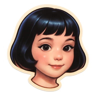young cute girl with pale skin, black bob haircut, light makeup, big expressive eyes, gentle smile, Telegram sticker style, head only without neck, white background sticker