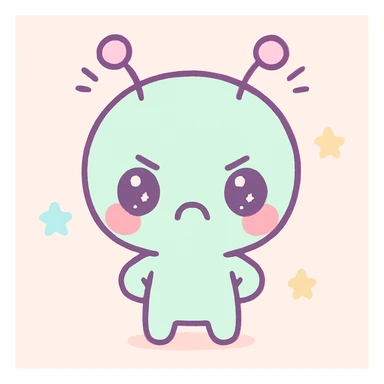 kawaii cartoon alien, angry pout, blushing cheeks, antennae twitching, oversized head, soft color palette sticker