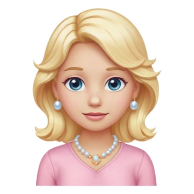 girl emoji with wavy light golden platinum blonde hair, light blue eyes, bright peachy-pink skin, pastel pink outfit #f3c3cf, pearl clip, and gold jewelry sticker