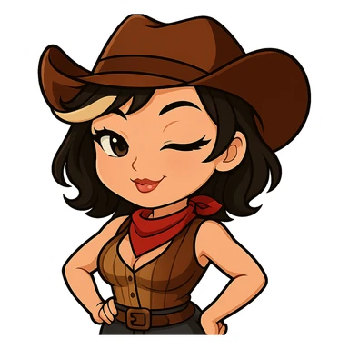 Chibi cowgirl with short hair and a blonde streak, wearing a cowboy hat and western outfit, no guns. Pose: hands on hips, big confident smile, sexier look with more feminine curves and a flirty expression. Chibi/anime style, transparent background, sized for Twitch or Discord use. sticker