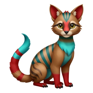 Colorful dark green blue Cyan red crimson striped tropical exotic cute cool beautiful shiny beautiful fantasy-caracal-civet-genet-sergal-vernid-Gryphon-Cacomistle-Trico-oncilla-animal-Fakémon-hybrid-fursona (full body) sticker