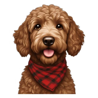 Chocolate brown colored golden doodle with a red and black flannel hankerchief sticker