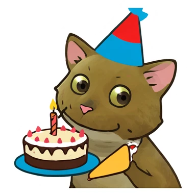 ginger tabby kitten with birthday hat and cake, surrounded by balloons and presents, joyful mood sticker