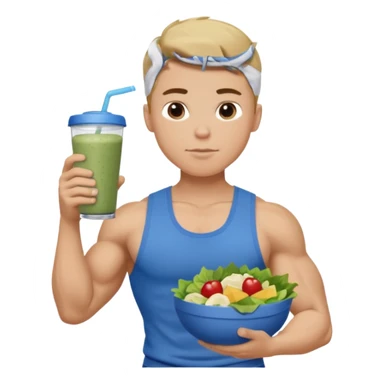 A young male person with a muscular, well-defined build. He has short dark blonde hair, a medium light skin tone, and a neutral facial expression. He wears blue cloth. He is holding a salad in one hand and a protein shake in the other. sticker