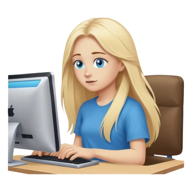 Cinematic realistic blonde with long hair, blue eyes, dressed in a T-shirt, working at a computer in a cozy atmosphere sticker