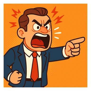 male boss shouting, furious expression, pointing finger, formal clothes, animated style sticker