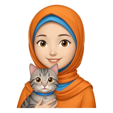 Asian White girl wearing orange hijab holding a black grey tabby cat while smiling. The cat is wearing a blue collar sticker