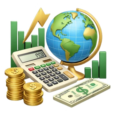 An icon featuring a calculator, a dollar sign, and a chart with upward trends, symbolizing economics. The design includes coins, bills, and a globe, representing global trade and financial systems. Transparent background highlights the study of markets, supply, and demand. sticker