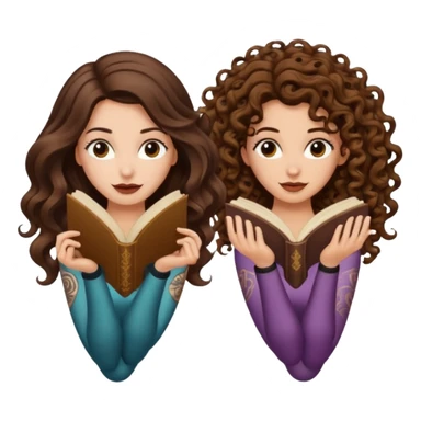 spell confusion — long wavy brown hair tattooed woman and short tight curly brown hair woman — scroll upside down sticker