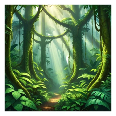 Cinematic Realistic Rainforest Emoji, Lush and vibrant, filled with towering trees, thick vines, and dense green foliage, sunlight filtering through the canopy above, creating dappled patches of light on the rich, diverse undergrowth. The air is heavy with moisture, with mist rising from the forest floor and distant calls of exotic birds and animals echoing through the trees. Soft glowing outline, capturing the essence of a thriving, untamed tropical paradise filled with life! sticker