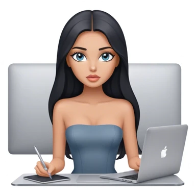 Glamours tanned very beautiful girl with pump peach lips and black straight smooth long hair, blue-grey eyes in grey strapless bodysuit with one MacBook in office sticker