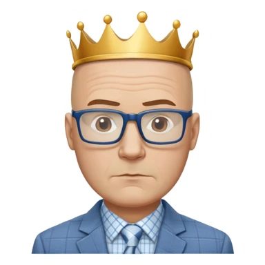 Larger 50-year-old man with wide square face. Male pattern baldness with hair only on top/crown of head, completely bald sides. Large dark square glasses. Serious expression. Light gray blazer, white shirt with blue checkered pattern. sticker