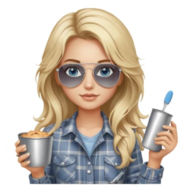 girl with long blond messy hair wearing grey plaid shirt with blue eyes and aviator sunglasses wearing a ring on her silver necklace, holding baking supplies sticker