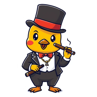Short Black chick with cigar in mouth with top hat and gold chain with diamonds holding an Al-47 sticker