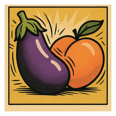 eggplant and peach with motion lines to show rubbing, comic style, bold outlines sticker