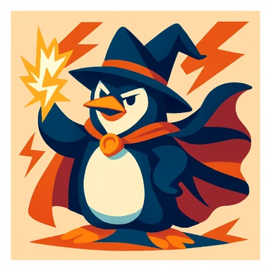 heroic penguin wizard with dramatic cape and lightning magic, bold dynamic style sticker