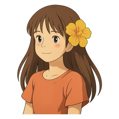ghibli style girl with straight hair, flower in hair, summer theme sticker
