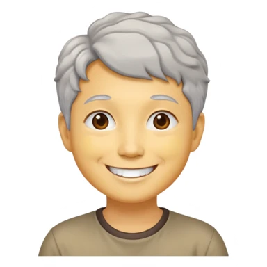 Bà lão 60 tuổi, da vàng, mặt tròn, tóc ngắn màu bạc, tóc hơi xoăn, mặt cười tươi vui vẻ, áo nâu sticker